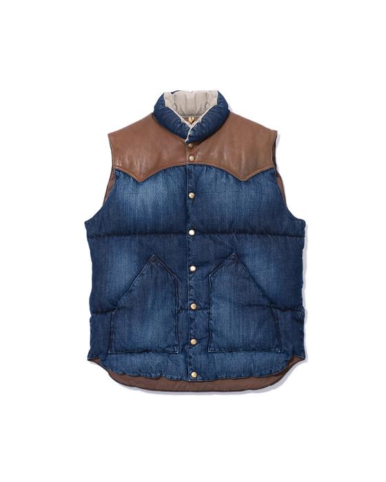 A Rocky Mountain Featherbed denim down vest with a brown leather western yoke
