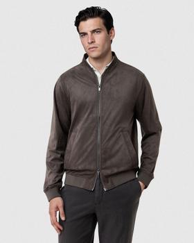 A man wearing a brown Sacoor Brothers suede-effect bomber jacket