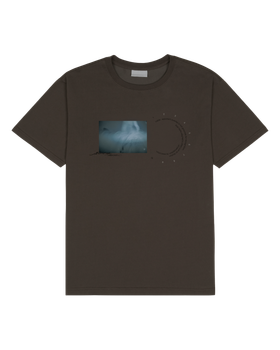 A dark brown SAN SAN GEAR graphic T-shirt with a photo print