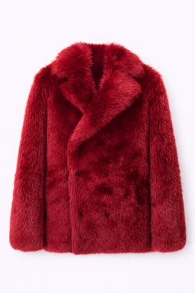 A crimson faux fur double-breasted peacoat by Sanderlak