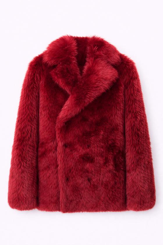 A crimson faux fur double-breasted peacoat by Sanderlak