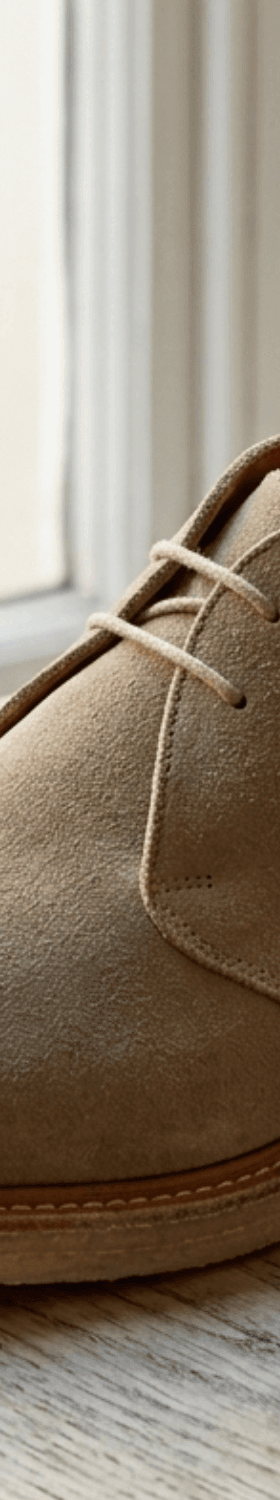 A sand suede Sanders chukka boot with crepe sole on a wooden windowsill