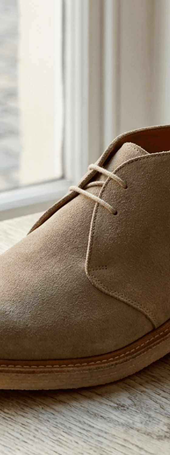 A sand suede Sanders chukka boot with crepe sole on a wooden windowsill