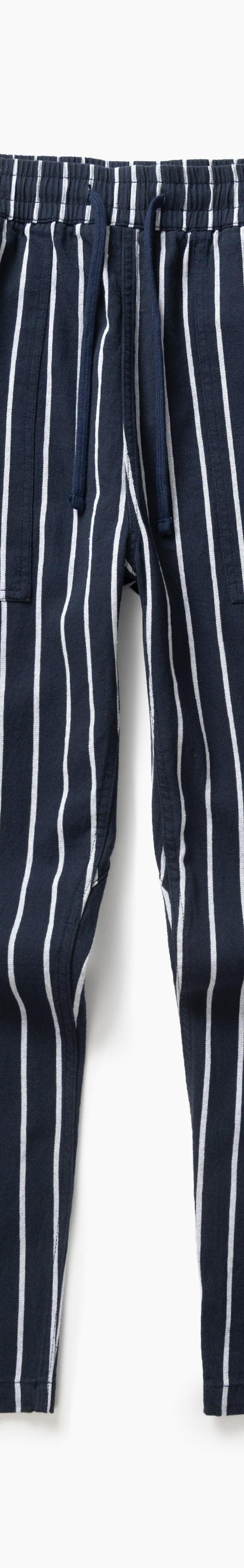 Navy and white striped Service Works elasticated chef pants
