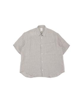 A pale grey seya. linen short-sleeve shirt on a white background