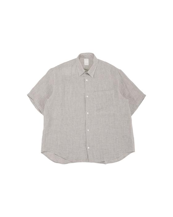A pale grey seya. linen short-sleeve shirt on a white background