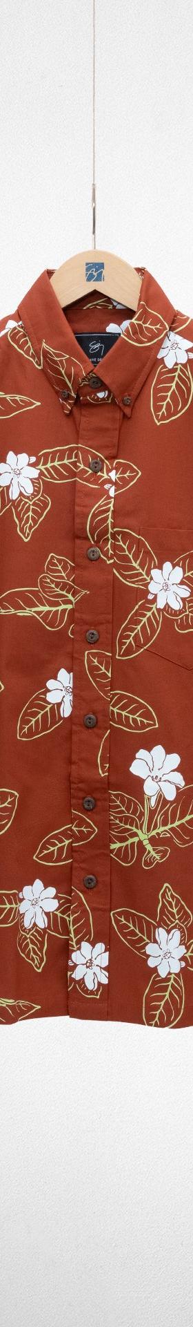 Sig Zane Designs rust aloha shirt with white flower print