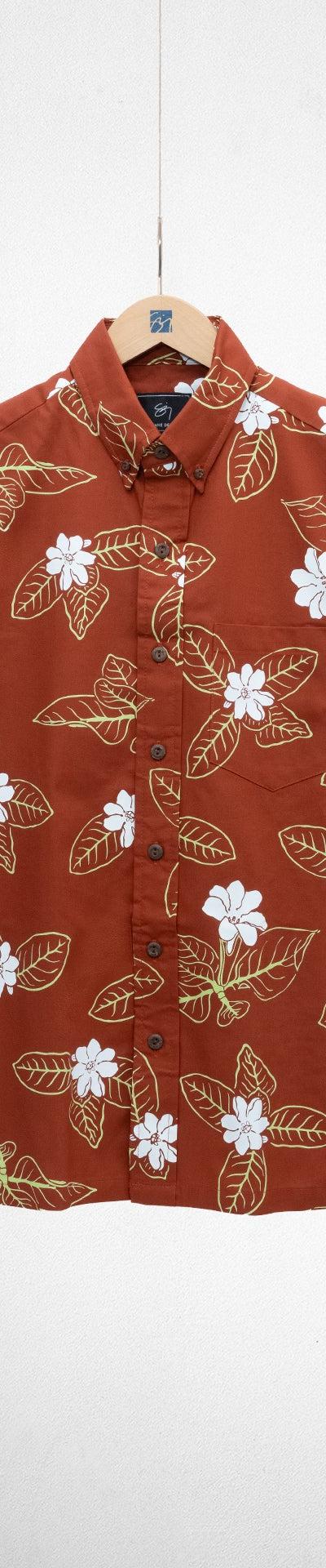 Sig Zane Designs rust aloha shirt with white flower print