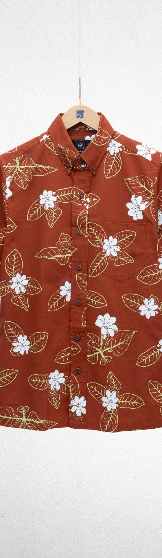 Sig Zane Designs rust aloha shirt with white flower print