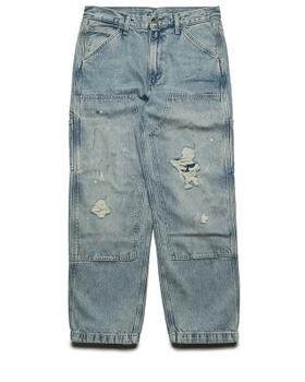 Light-wash distressed double-knee carpenter jeans on a plain white background
