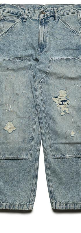 Light-wash distressed double-knee carpenter jeans on a plain white background