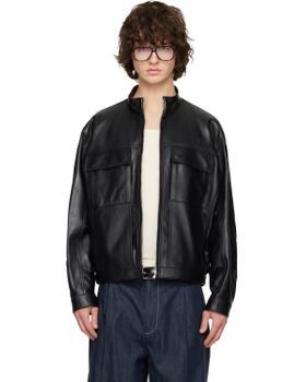 A man wearing a black leather blouson jacket by Solid Homme