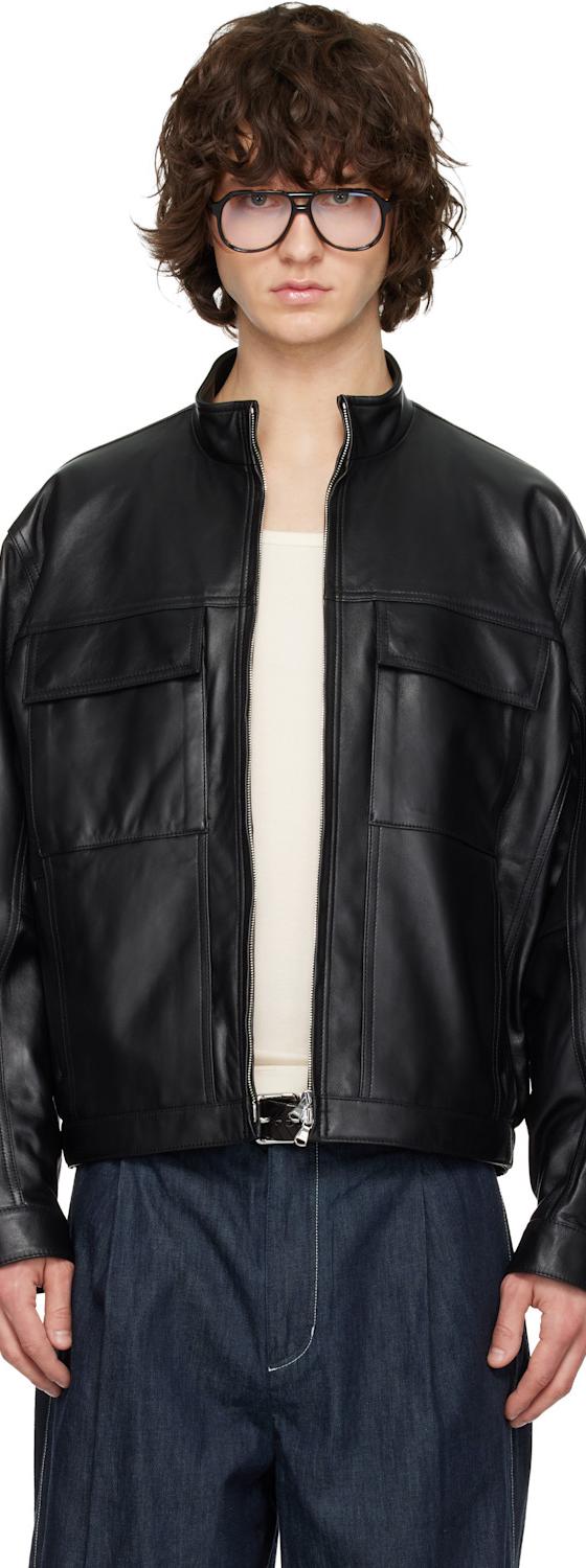 A man wearing a black leather blouson jacket by Solid Homme