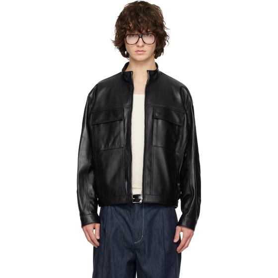 A man wearing a black leather blouson jacket by Solid Homme