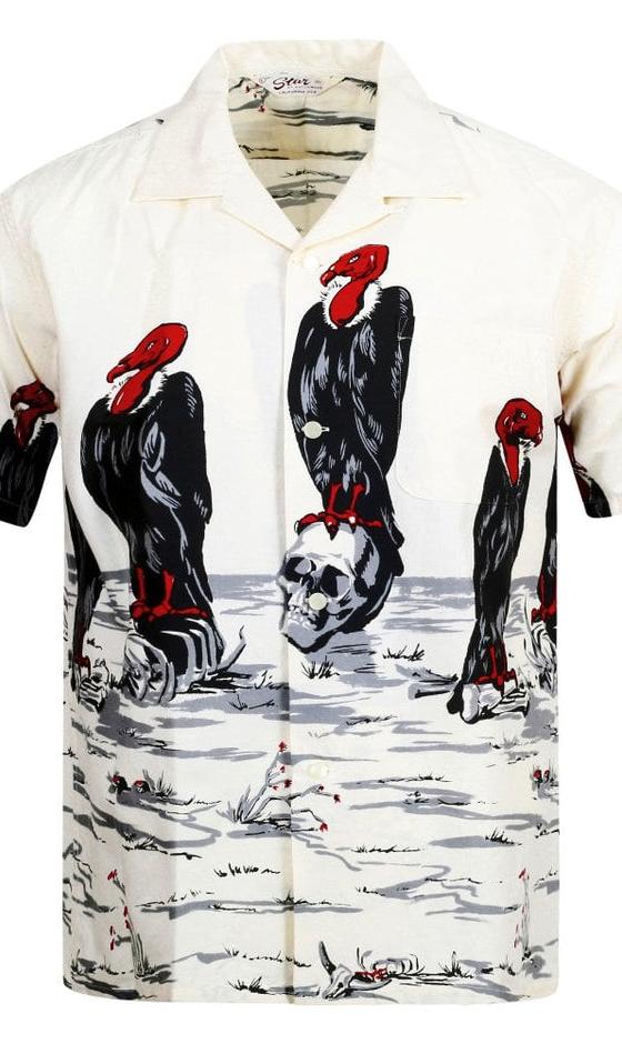 A cream Star of Hollywood open-collar shirt with a bold vulture and skull desert print