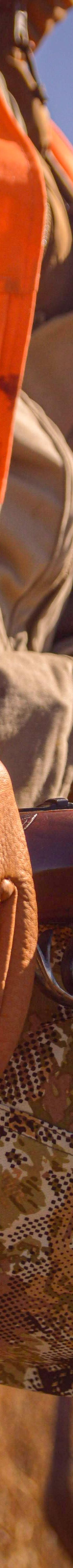 A hunter wearing tan Sullivan Glove Co leather gloves resting on a shotgun in an open field