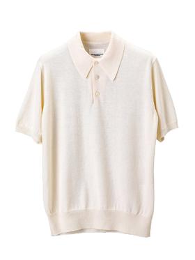 An ivory short-sleeve knit polo shirt on a plain white background