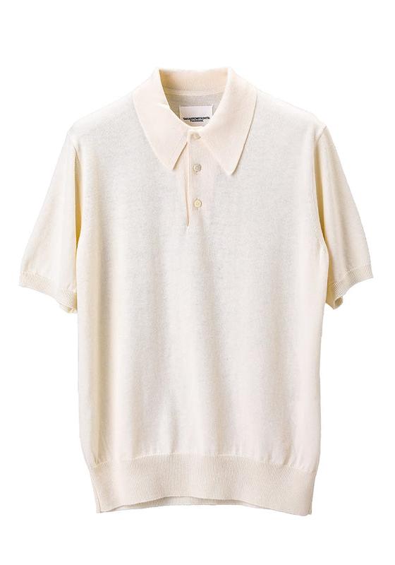 An ivory short-sleeve knit polo shirt on a plain white background