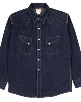 A dark indigo denim western work shirt by The Real McCoy's on a plain white background