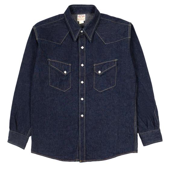 A dark indigo denim western work shirt by The Real McCoy's on a plain white background