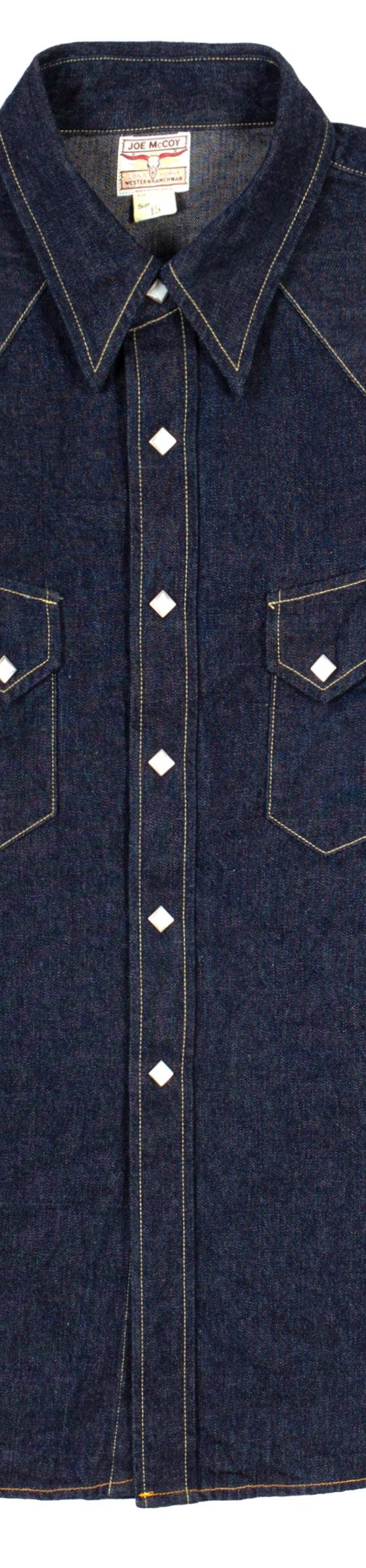 A dark indigo denim western work shirt by The Real McCoy's on a plain white background