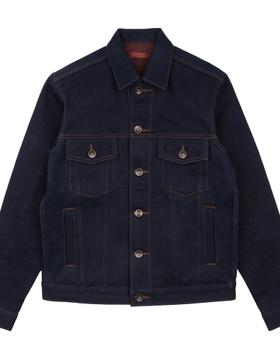 A raw indigo selvedge denim trucker jacket on a plain white background