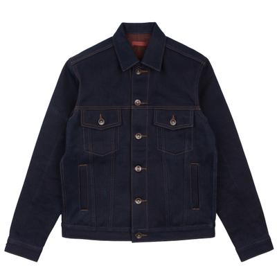 A raw indigo selvedge denim trucker jacket on a plain white background