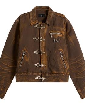 A brown distressed Thug Club denim jacket with silver metal clasp hardware
