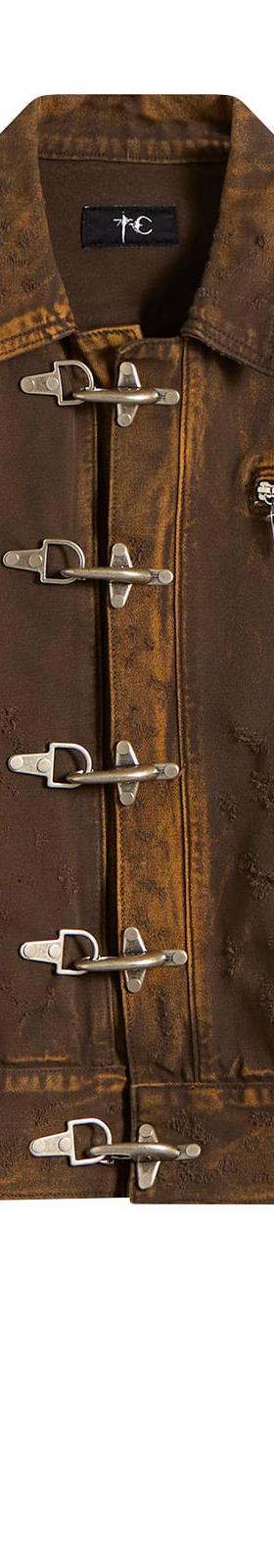 A brown distressed Thug Club denim jacket with silver metal clasp hardware