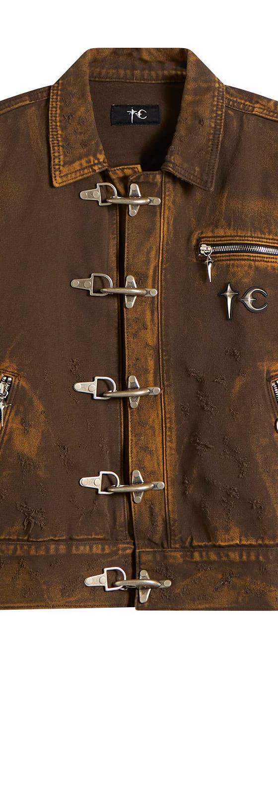 A brown distressed Thug Club denim jacket with silver metal clasp hardware
