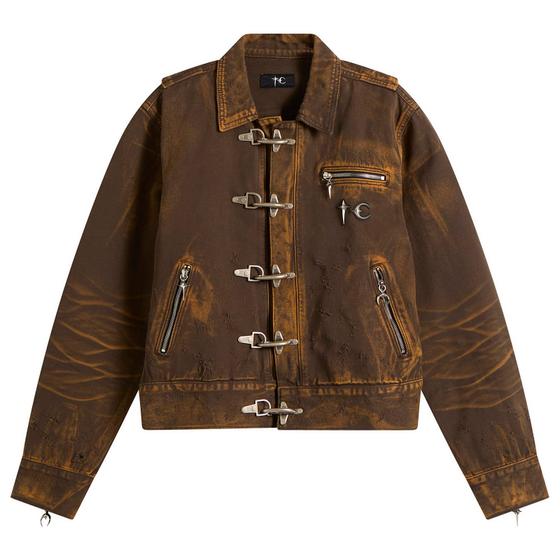 A brown distressed Thug Club denim jacket with silver metal clasp hardware