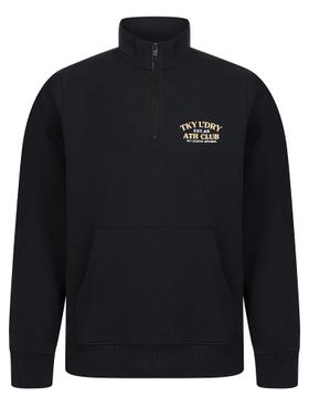 A navy Tokyo Laundry quarter-zip collegiate sweatshirt with chest embroidery