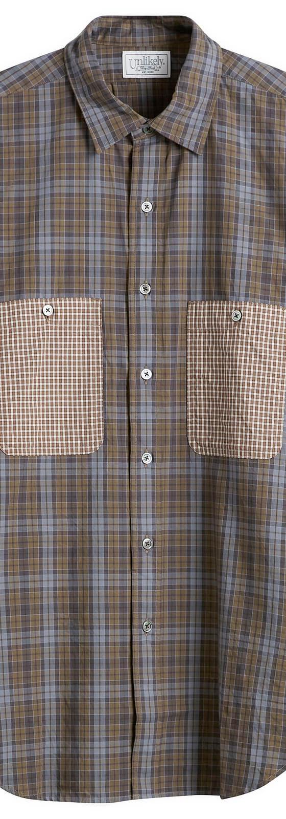 A patchwork check cotton shirt with contrast houndstooth pockets and sleeve by Unlikely Dry Goods