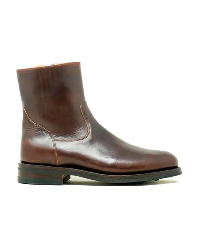 A dark-brown polished leather Unmarked side-zip ankle boot with a stacked leather sole