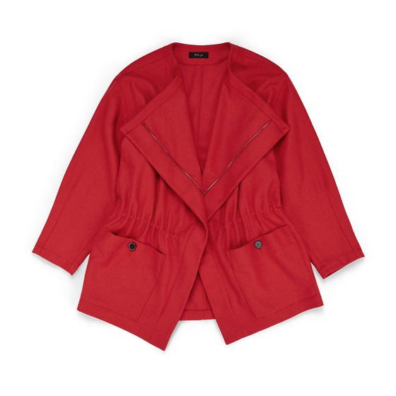 A red WANZE jacket with a wide draped collar, elasticated waist and patch pockets