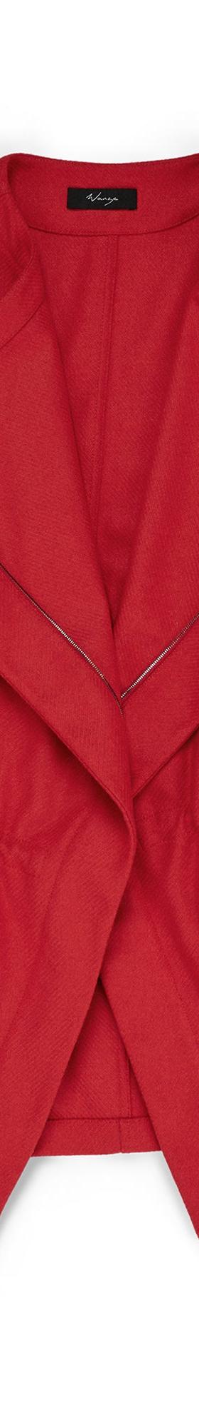 A red WANZE jacket with a wide draped collar, elasticated waist and patch pockets
