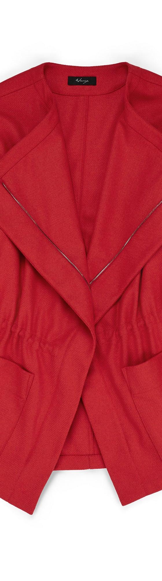A red WANZE jacket with a wide draped collar, elasticated waist and patch pockets