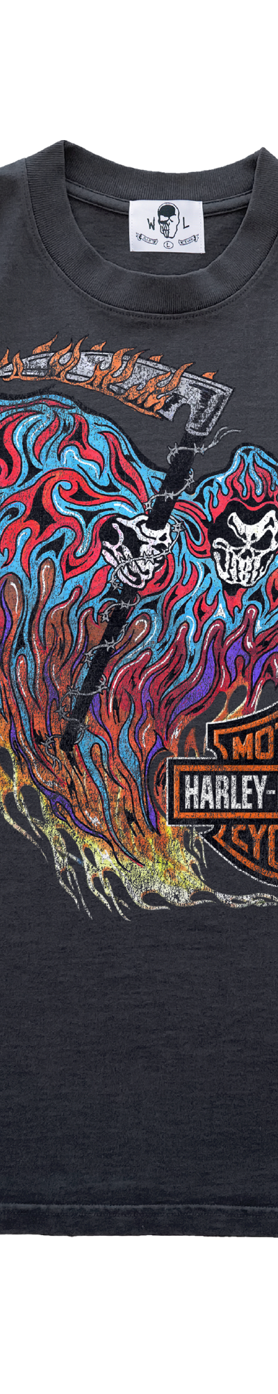 A faded black Warren Lotas t-shirt with a skull-and-flames graphic print