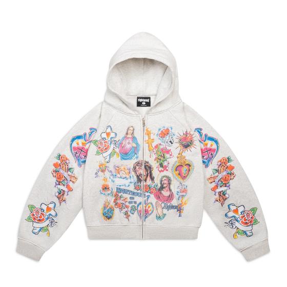 A heather grey We Are Righteous zip-up hoodie with tattoo-style religious artwork