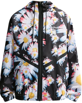 A black floral-print hooded windbreaker jacket on a plain background