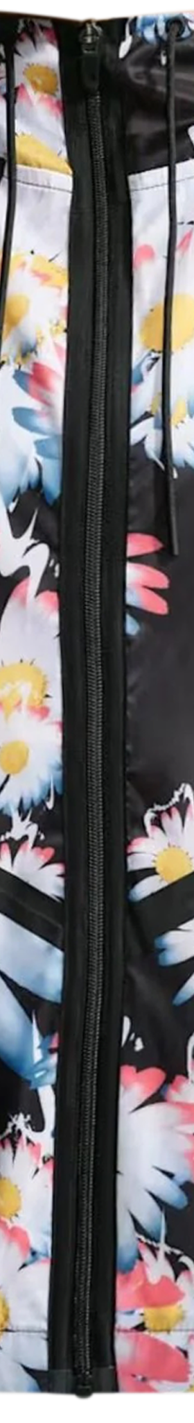 A black floral-print hooded windbreaker jacket on a plain background