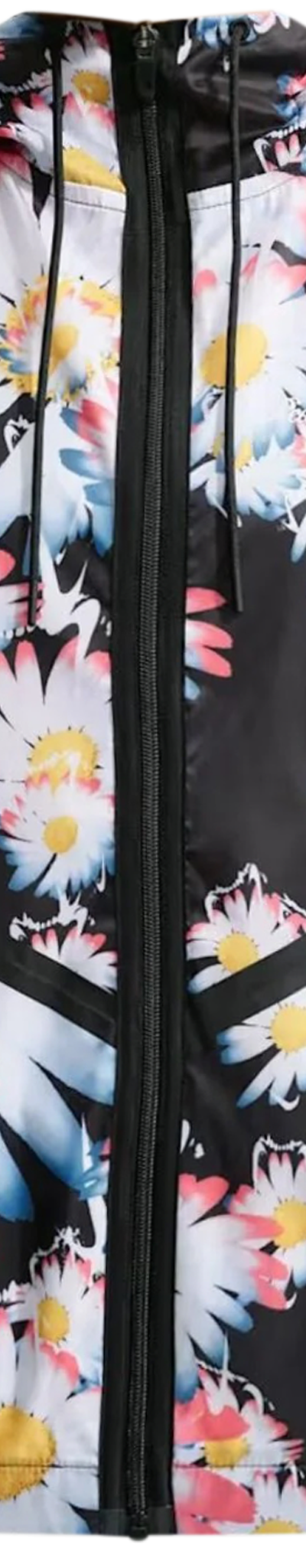 A black floral-print hooded windbreaker jacket on a plain background