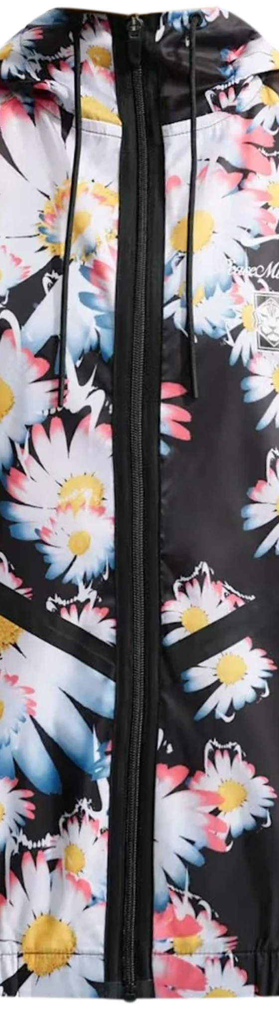 A black floral-print hooded windbreaker jacket on a plain background