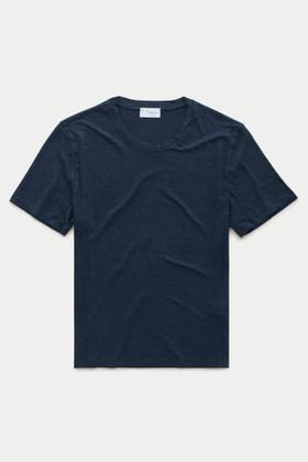 A navy slub-cotton crewneck T-shirt by Wolf vs Goat photographed on a plain off-white background