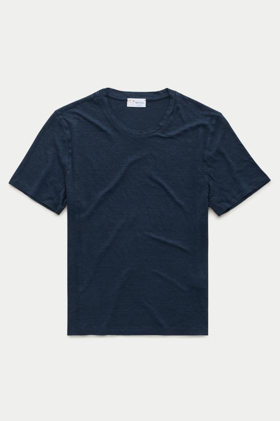 A navy slub-cotton crewneck T-shirt by Wolf vs Goat photographed on a plain off-white background