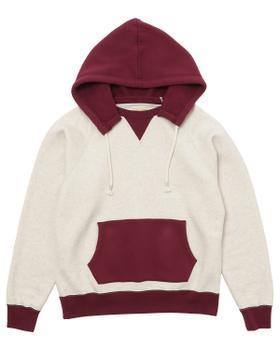 A two-tone oatmeal and burgundy Wonder Looper heavyweight loopwheel hoodie