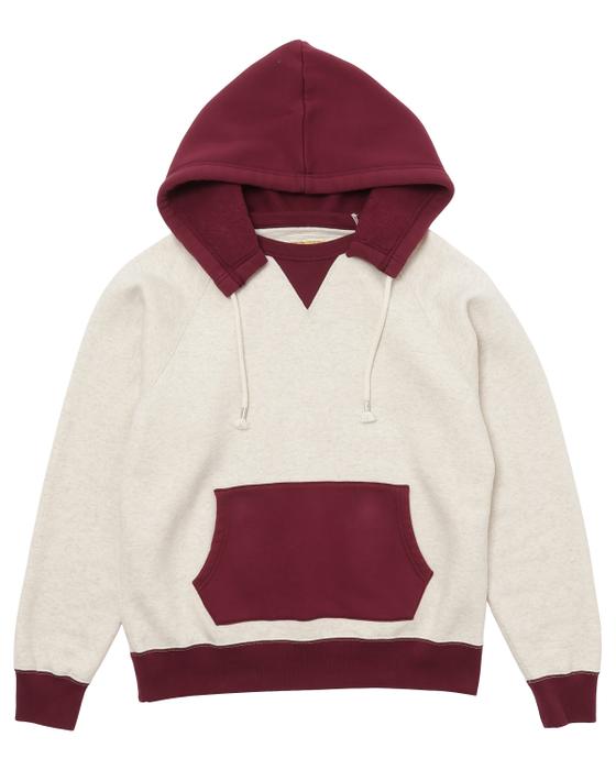 A two-tone oatmeal and burgundy Wonder Looper heavyweight loopwheel hoodie
