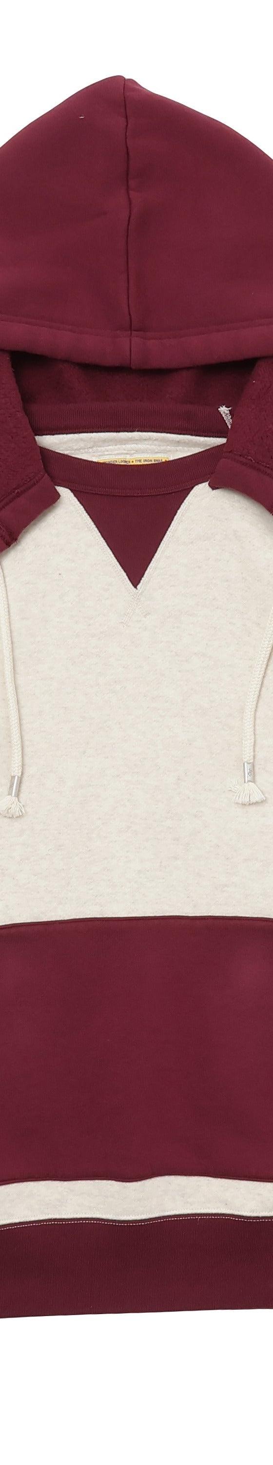 A two-tone oatmeal and burgundy Wonder Looper heavyweight loopwheel hoodie