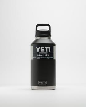 A black YETI Rambler 64oz insulated bottle with chug cap