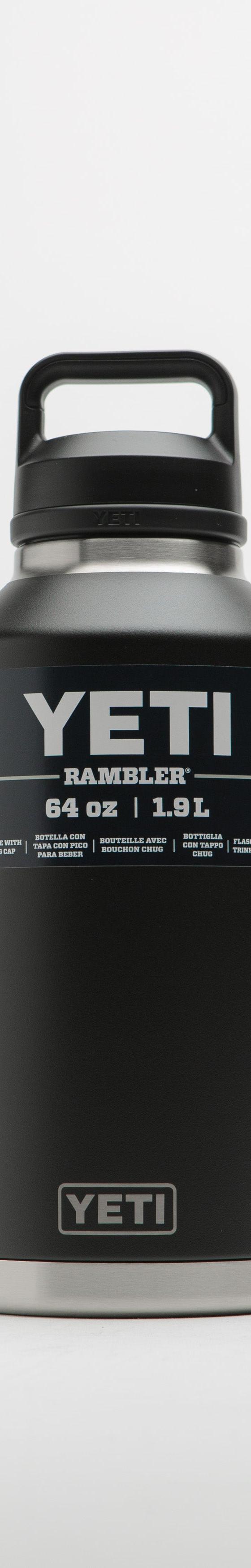 A black YETI Rambler 64oz insulated bottle with chug cap